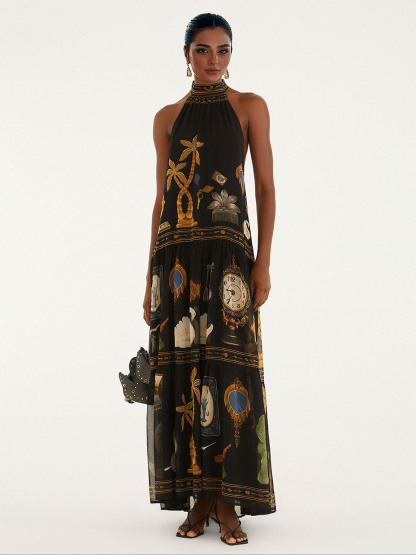 Retro Art Print Backless Layered Maxi Dress