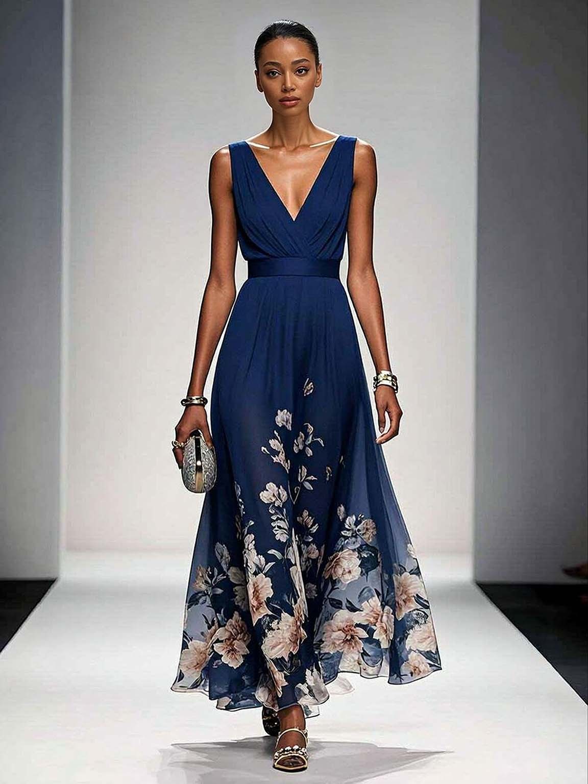 Elegant Floral Print V-neck Maxi Dress