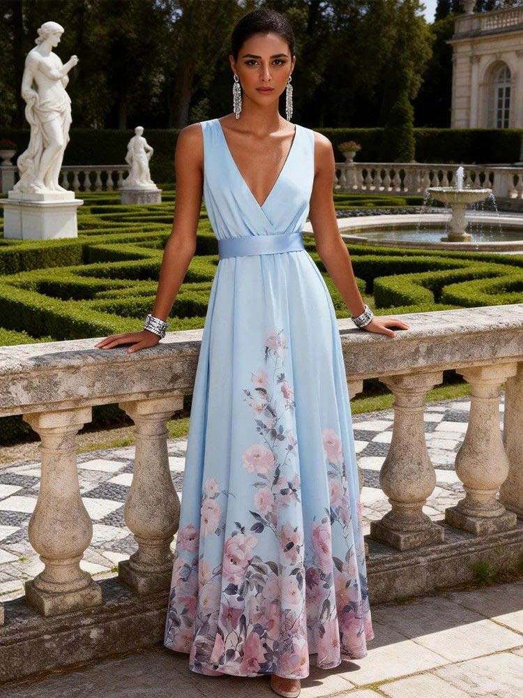 Elegant Floral Print V-neck Maxi Dress