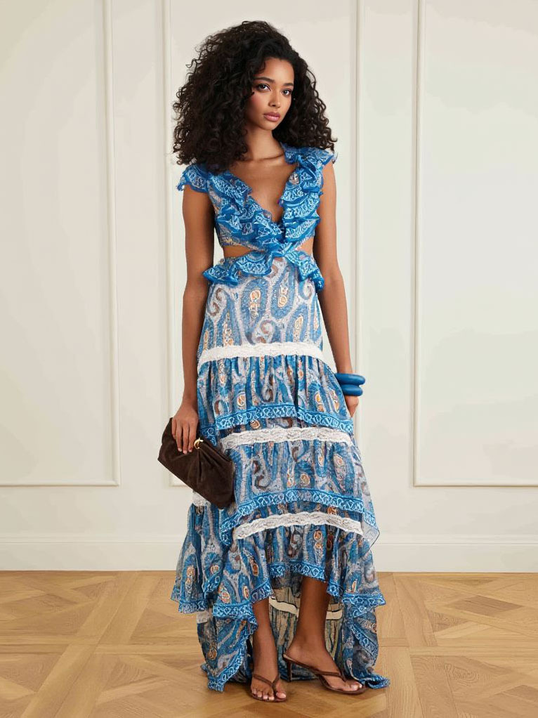 Elegant Paisley Print Ruffle Deep V Cut-Out High-Low Maxi Dress