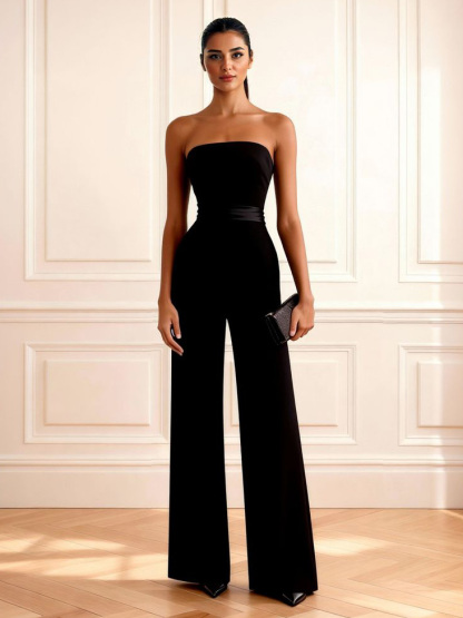Elegant Sheer-Trim Shawl Strapless Jumpsuit