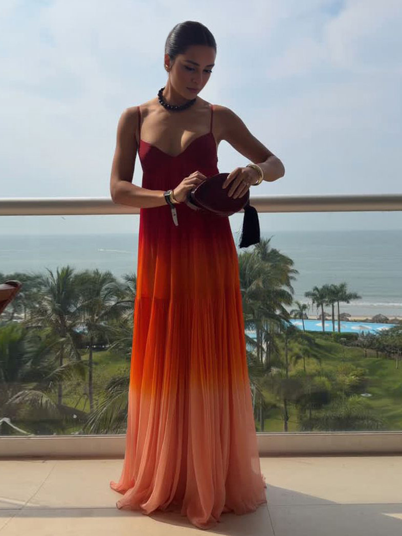 Sunset Gradient Pleated Tiered Maxi Dress