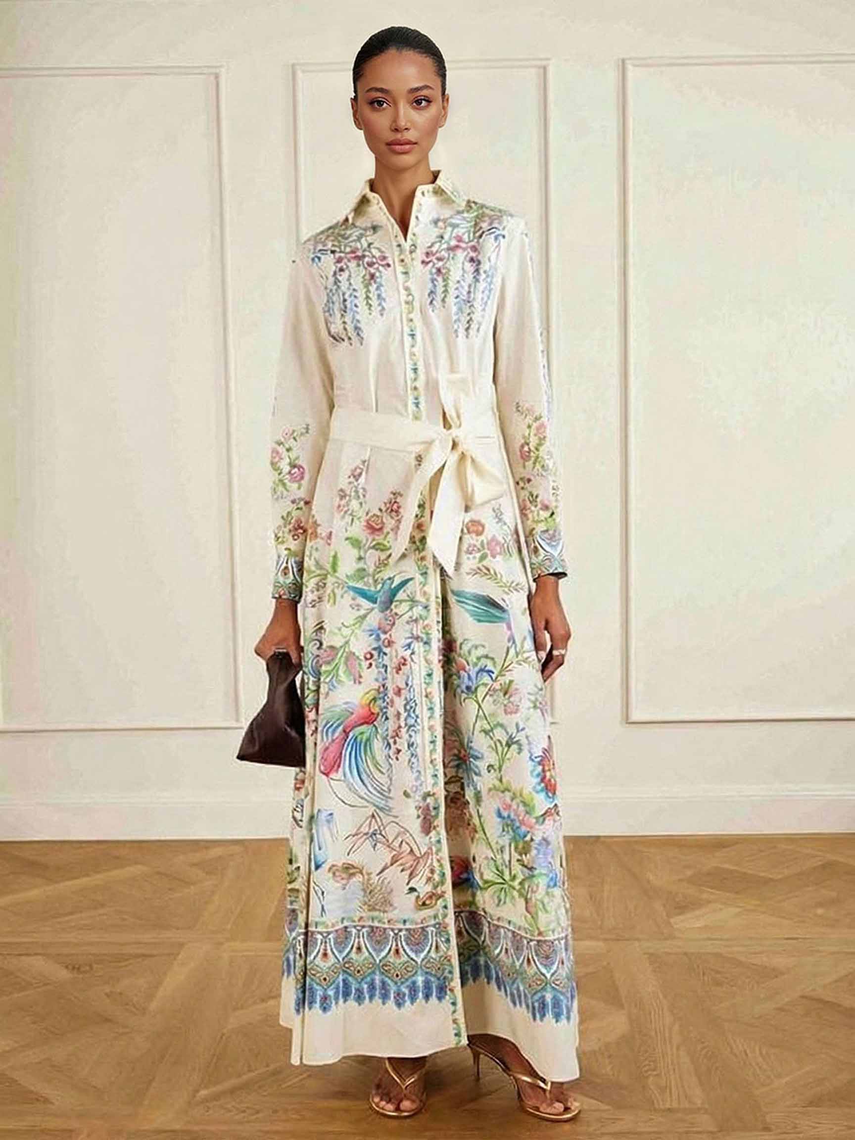 Exquisite Printed Long-Sleeve Shirt Maxi Dress