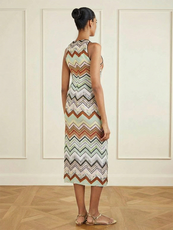 Elegant Geometric Zigzag Print Sleeveless Midi Dress
