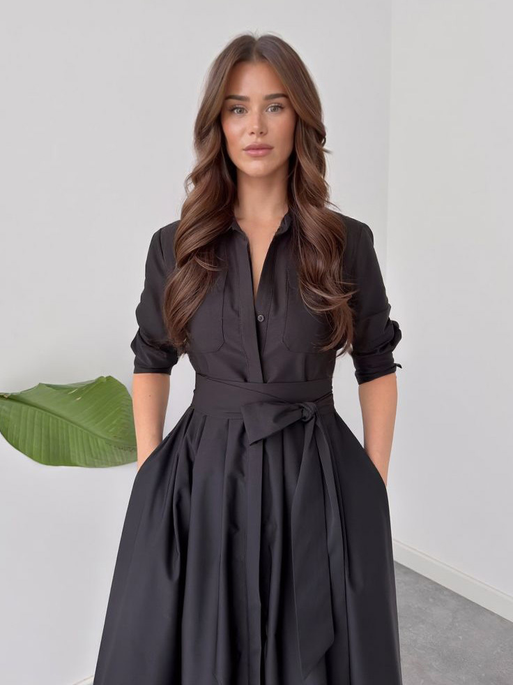 Elegant Long-Sleeve Tie-Waist Shirt Midi Dress