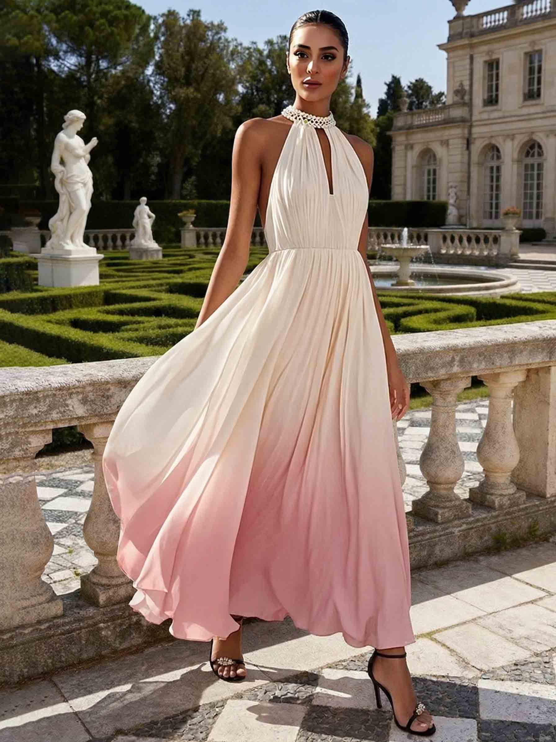 Elegant Gradient Pleated Backless Maxi Dress
