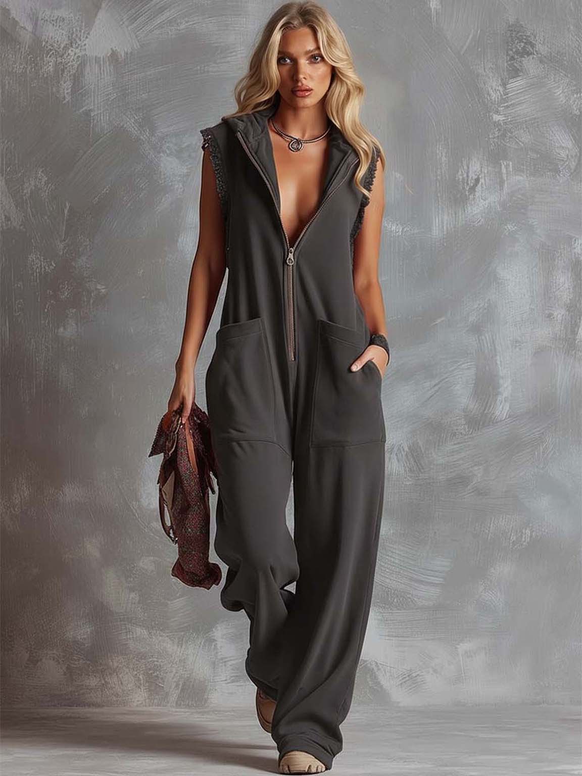 Retro Hooded V-Neck Zip-Front Jumpsuit