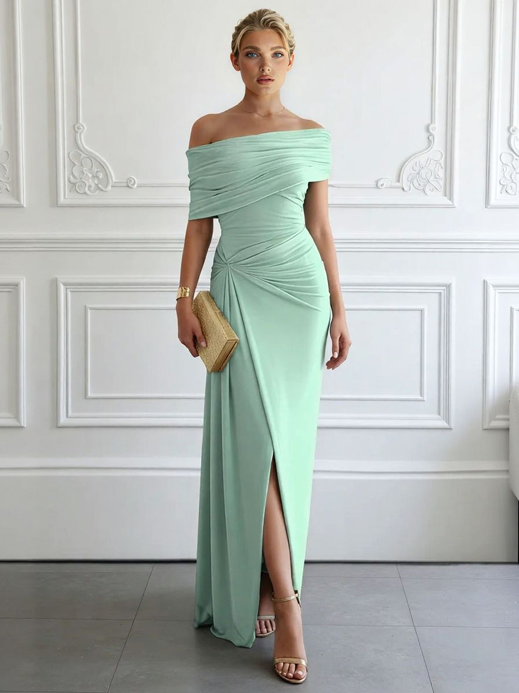 Elegant Off-Shoulder Ruched Slit Maxi Dress