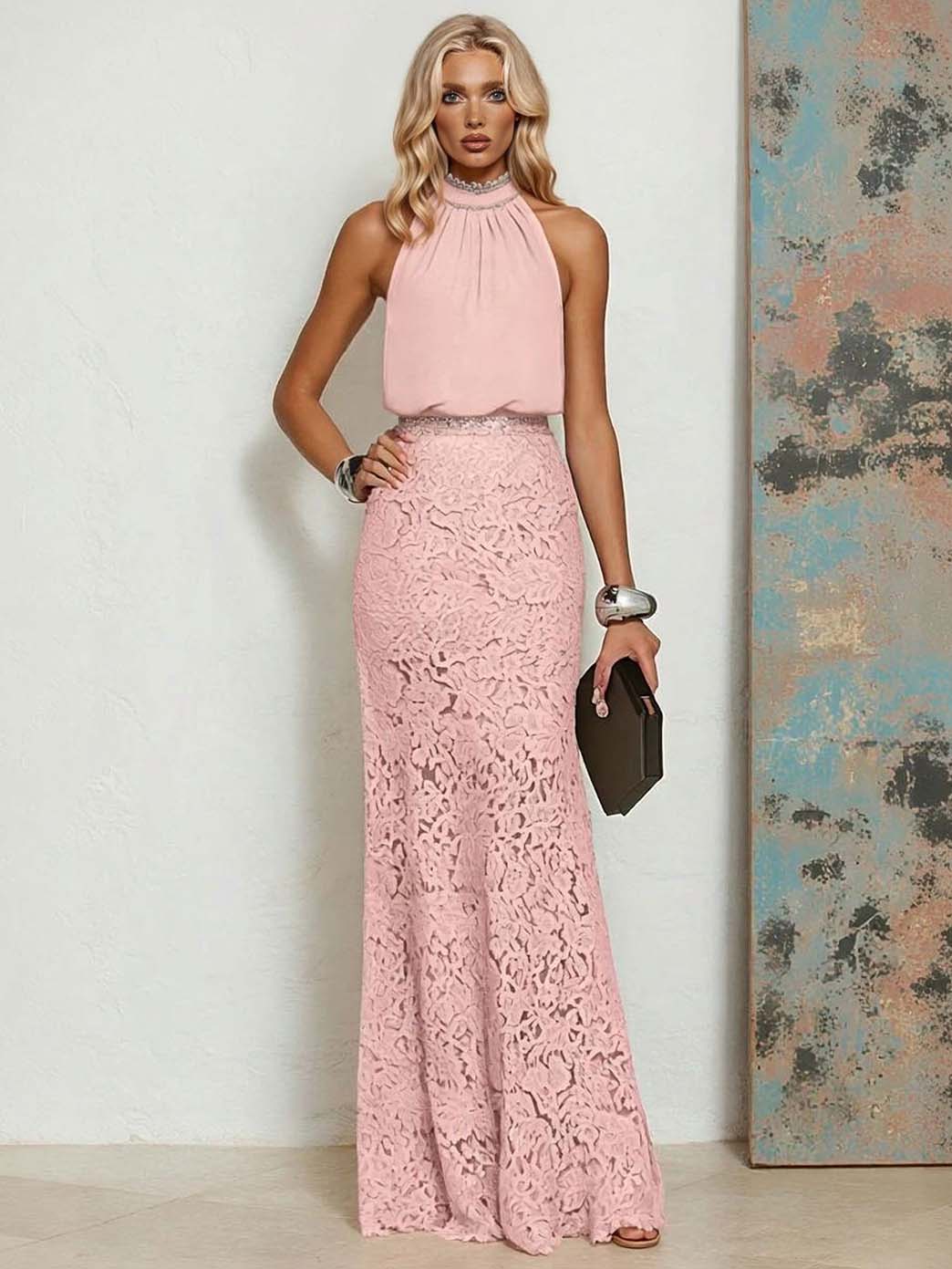 Elegant Chiffon Lace Backless Mermaid Maxi Dress