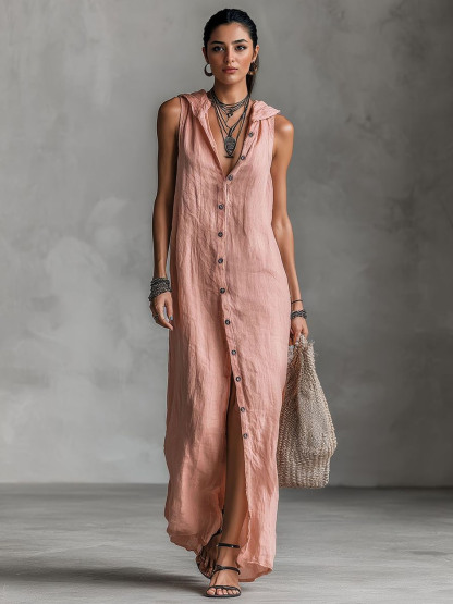 Bohemian Casual Hooded Front-Button Maxi Dress