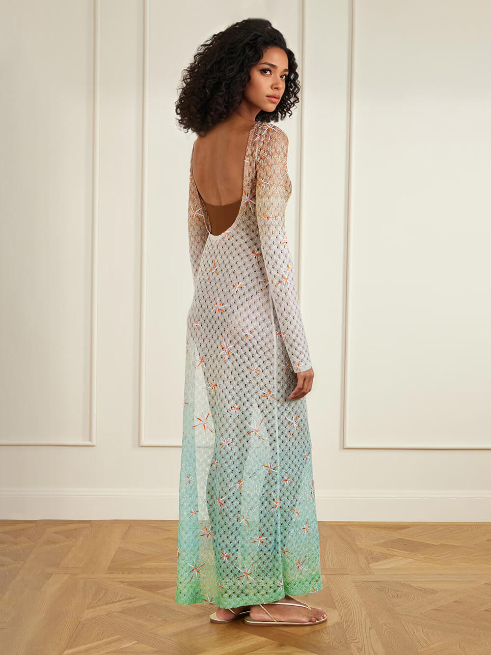Sexy Backless Gradient Embroidered Metal Hook Crochet Maxi Dress