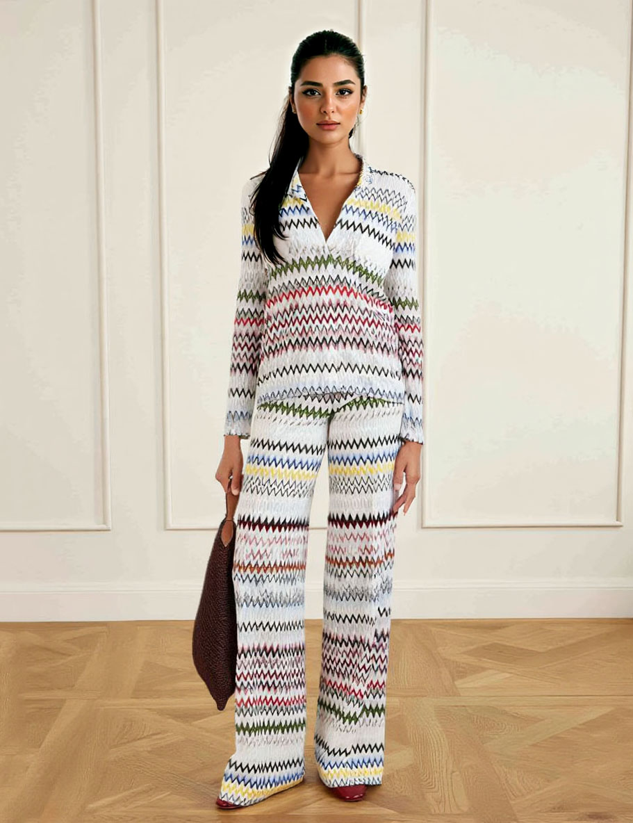 Geometric Zigzag Print Long-Sleeve V-Neck Top