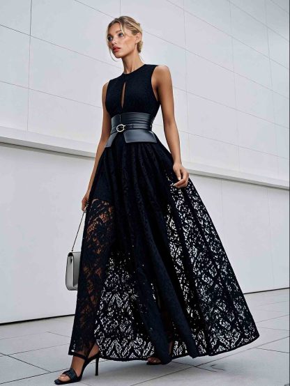 Elegant Cutout Neck Lace A-Line Maxi Dress