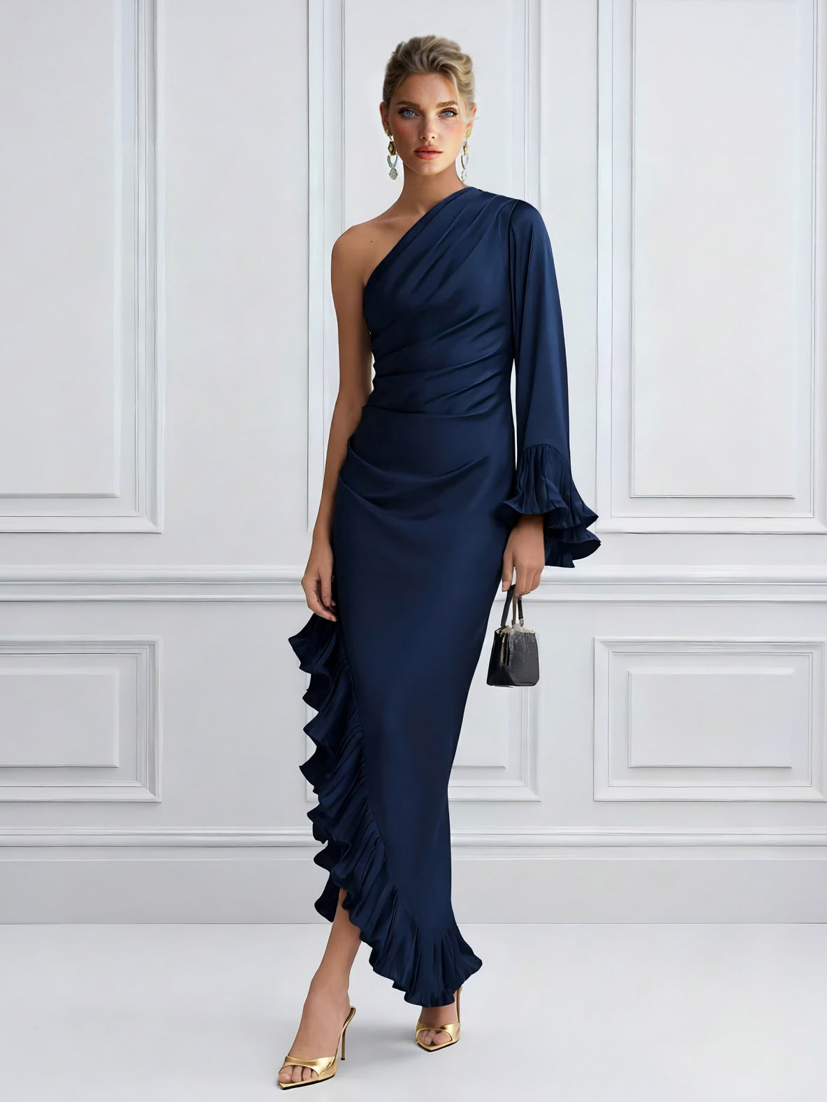 One-Shoulder Ruffle Trim Satin Maxi Dress