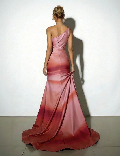 Elegant Satin Abstract Print Maxi Dress