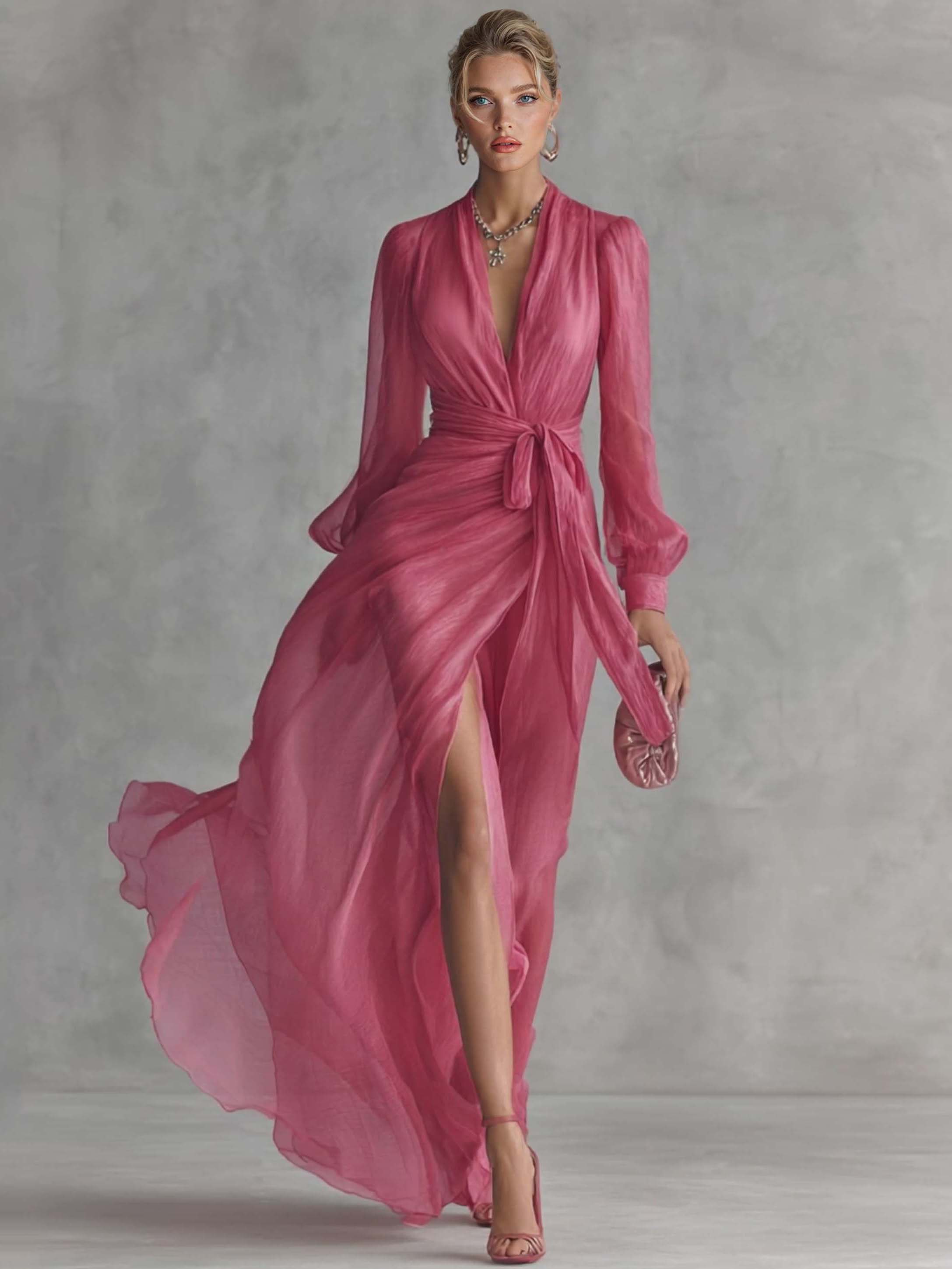 Elegant Pearl-Embellished Chiffon V-Neck Tie-Waist Maxi Dress