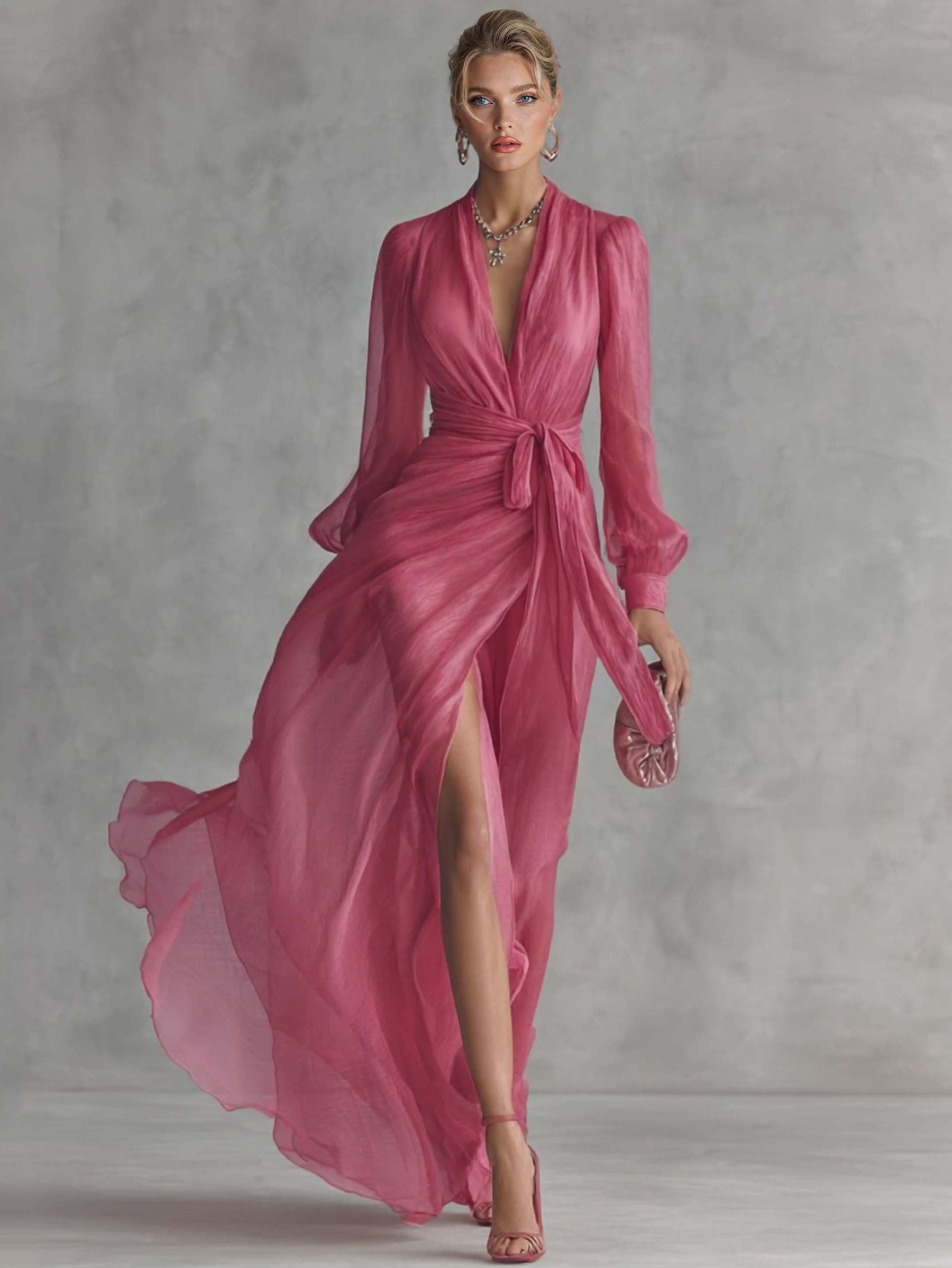 Elegant Pearl-Embellished Chiffon V-Neck Tie-Waist Maxi Dress