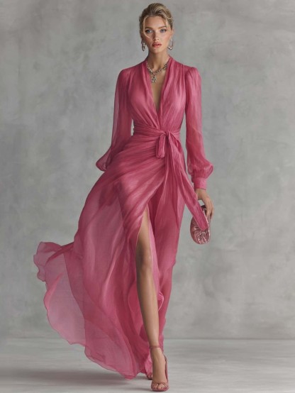 Elegant Pearl-Embellished Chiffon V-Neck Tie-Waist Maxi Dress