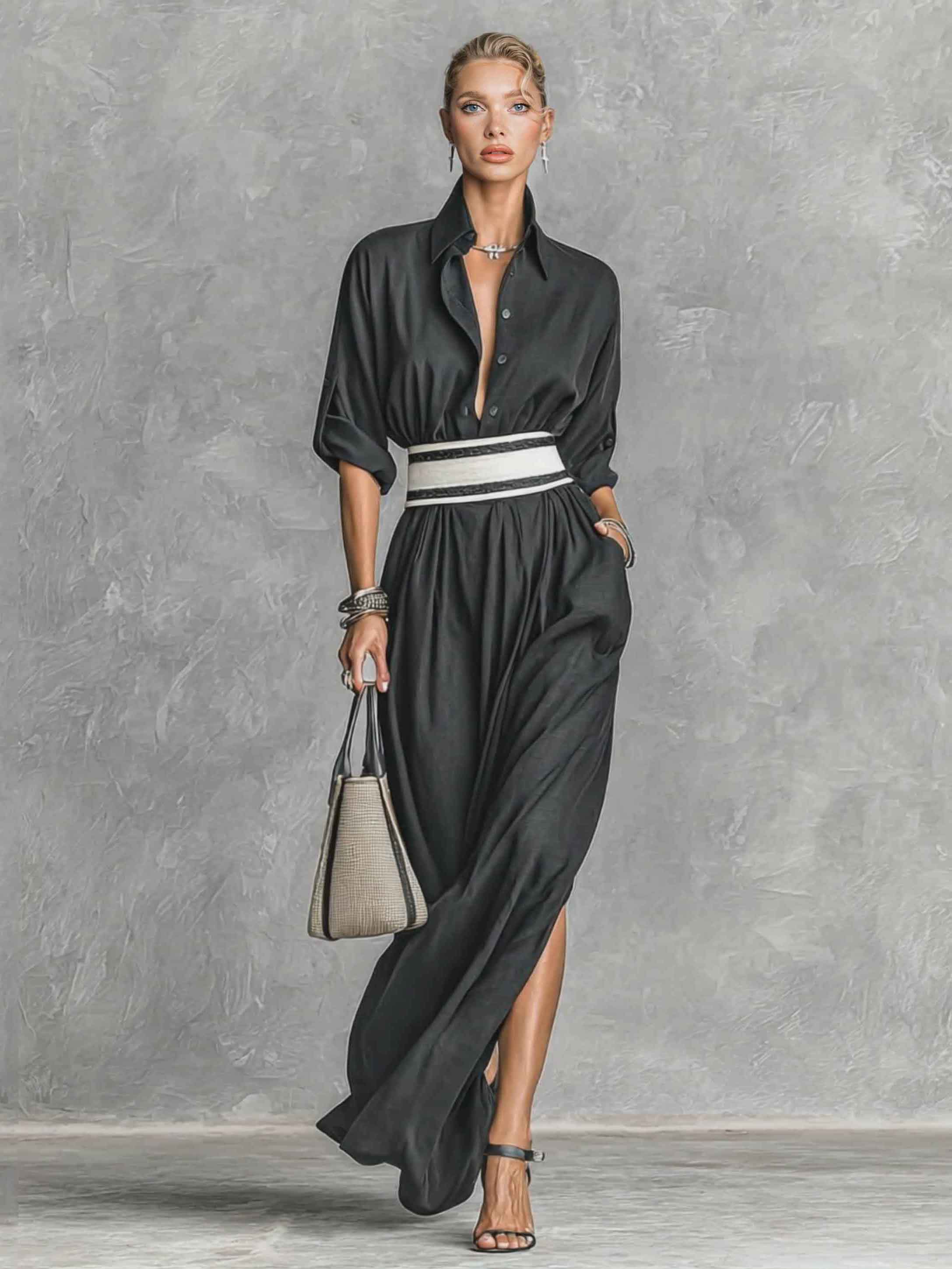 Casual Collared Single-Breasted Waist-Drawn Maxi Dress