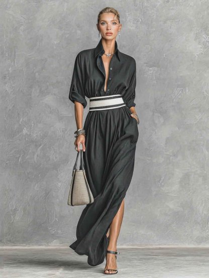 Casual Collared Single-Breasted Waist-Drawn Maxi Dress