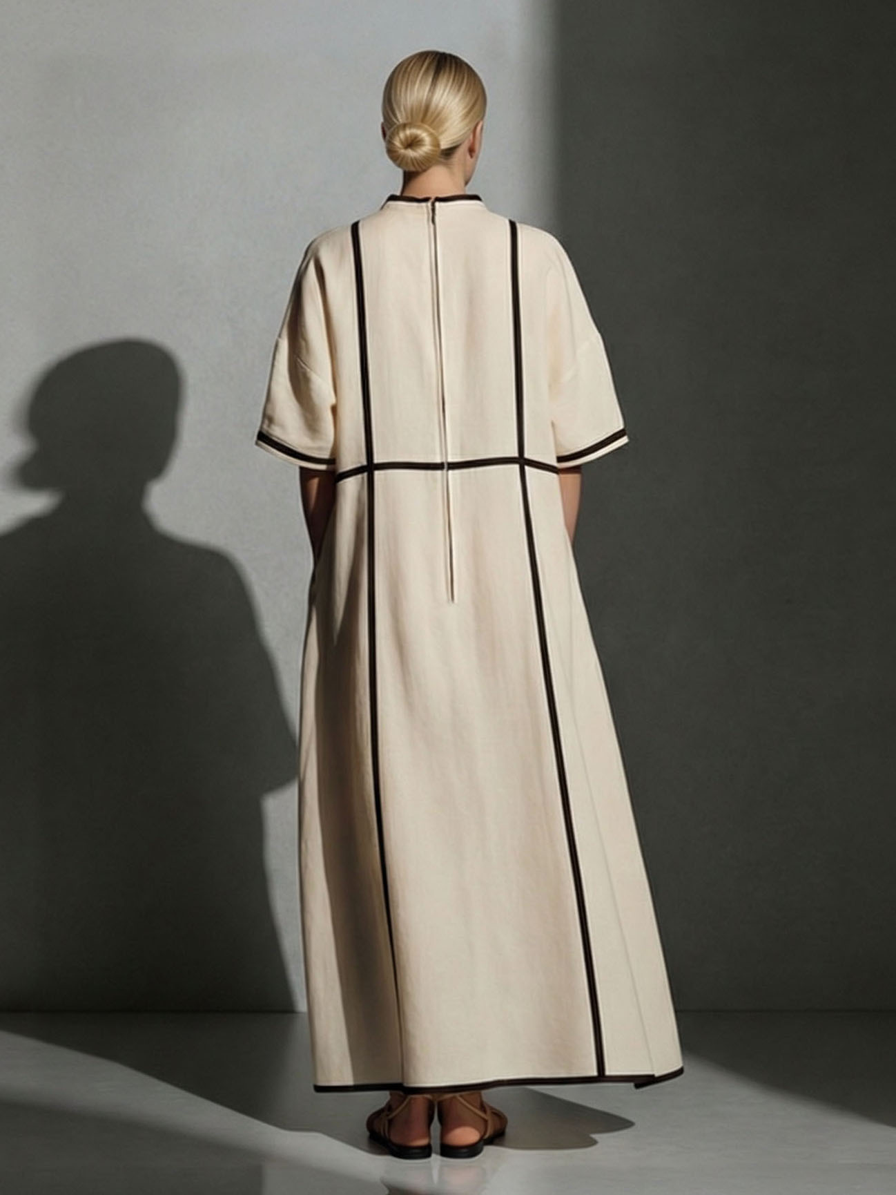 Minimalist Beige Linen Black Piping Midi Dress
