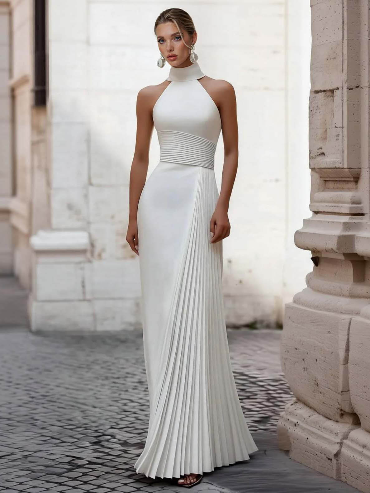 Elegant Halter Pleated Maxi Dress