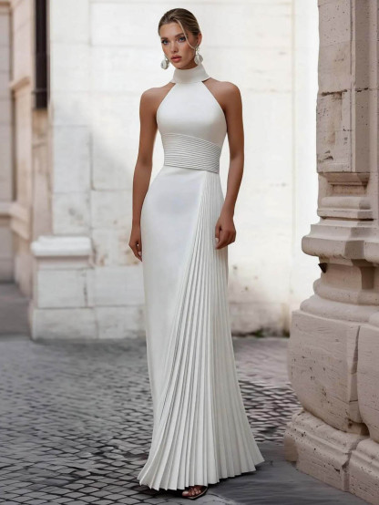Elegant Halter Pleated Maxi Dress