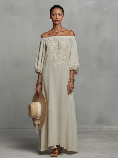Bohemian Floral Embroidered Off-Shoulder Maxi Dress