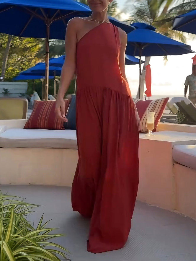 Casual One-shoulder Neckline Low-waist Pleated Maxi Dress