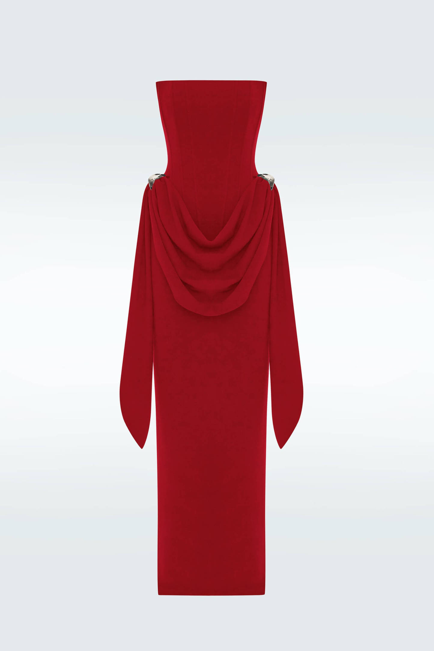 Elegant Red Strapless Ruched Metal Buckle Detail Maxi Dress