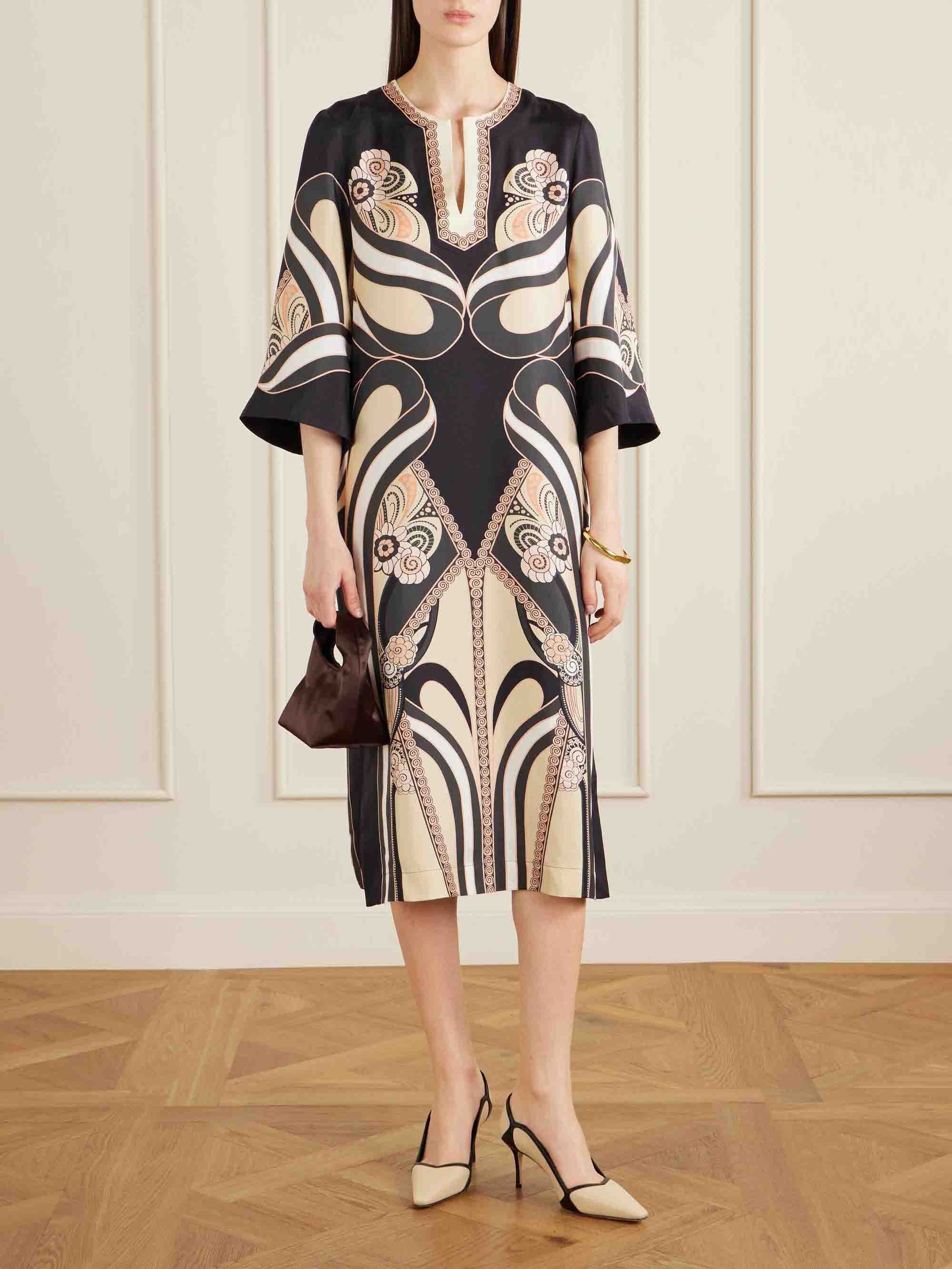 Elegant Satin Abstract Print V-Neck Flared Sleeve Midi Dress