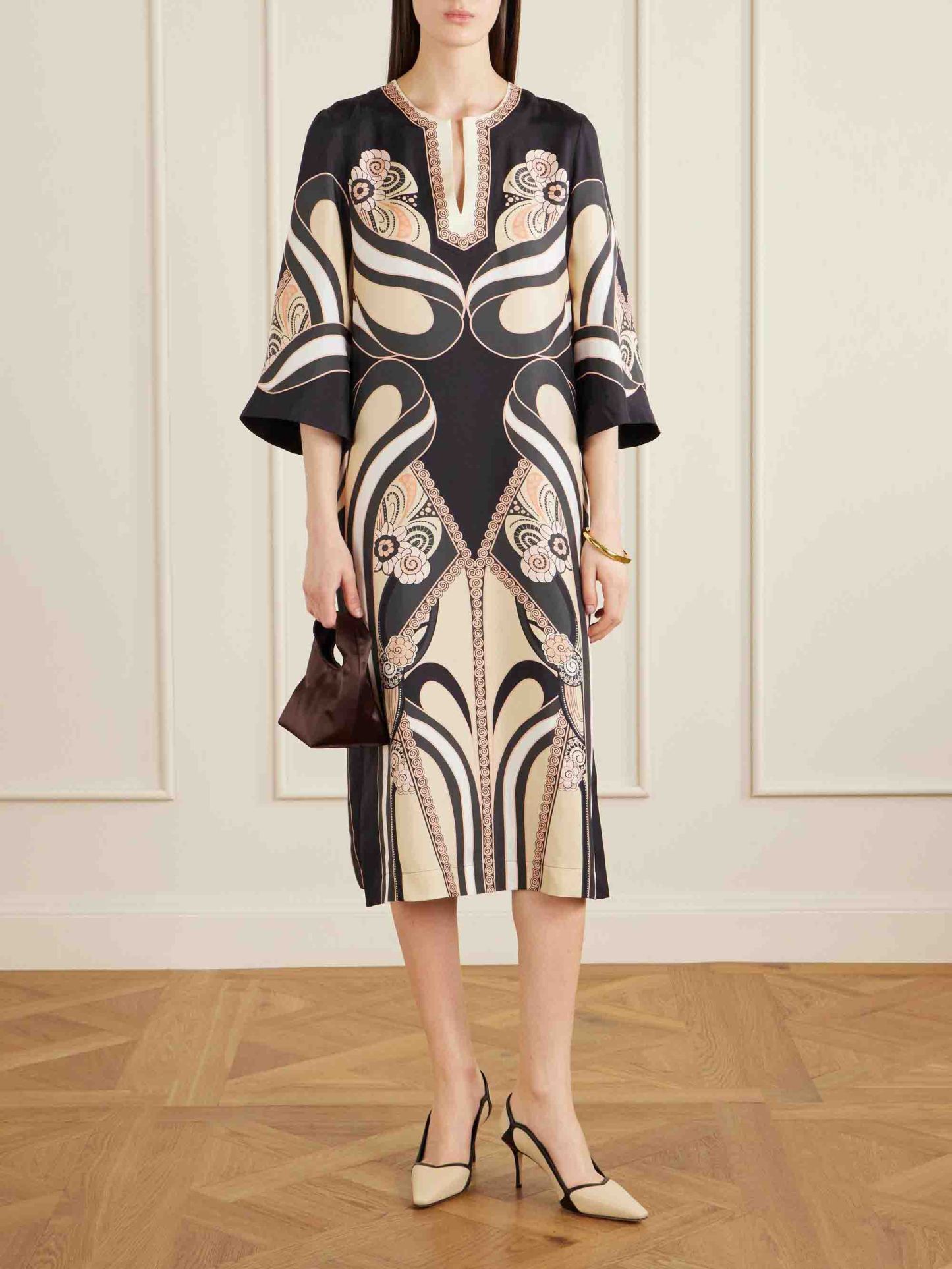 Elegant Satin Abstract Print V-Neck Flared Sleeve Midi Dress