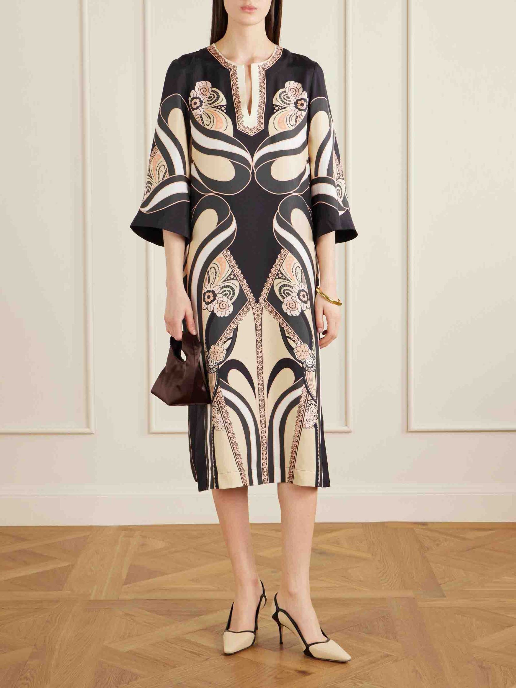 Elegant Satin Abstract Print V-Neck Flared Sleeve Midi Dress