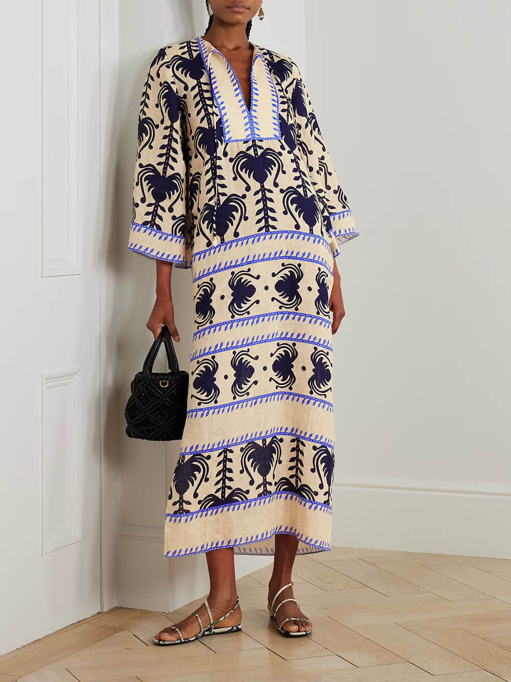 Unique Vintage Wildflower Print Linen Split Midi Dress