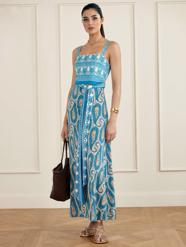 Exquisite Paisley Print Square Neck Maxi Dress