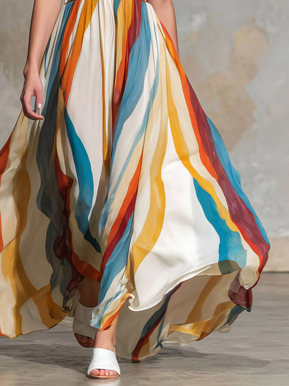 Retro Rainbow Striped Chiffon Sleeveless Maxi Dress