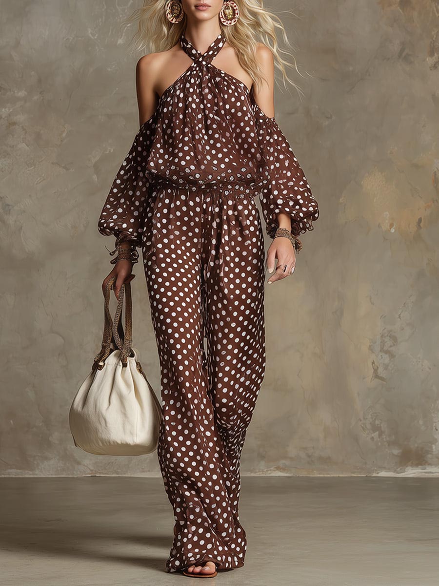 Retro Bohemian Polka Dot Off-Shoulder Pants Two-Piece Set
