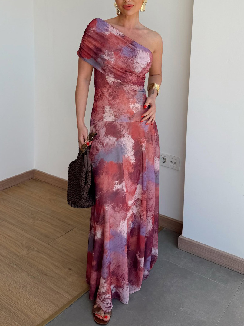 Elegant One-Shoulder Mesh Abstract Watercolor Print Maxi Dress
