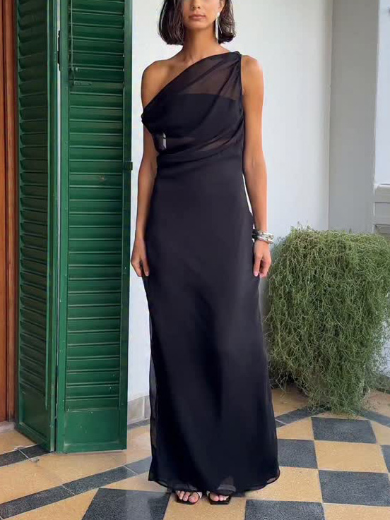 Elegant One-Shoulder Ruched Waist Flowy Maxi Dress