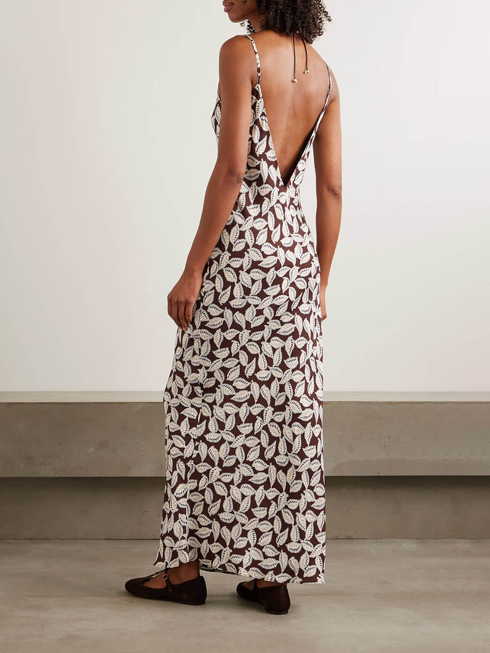 Elegant Backless Paper Birch Print Twill Maxi Dress
