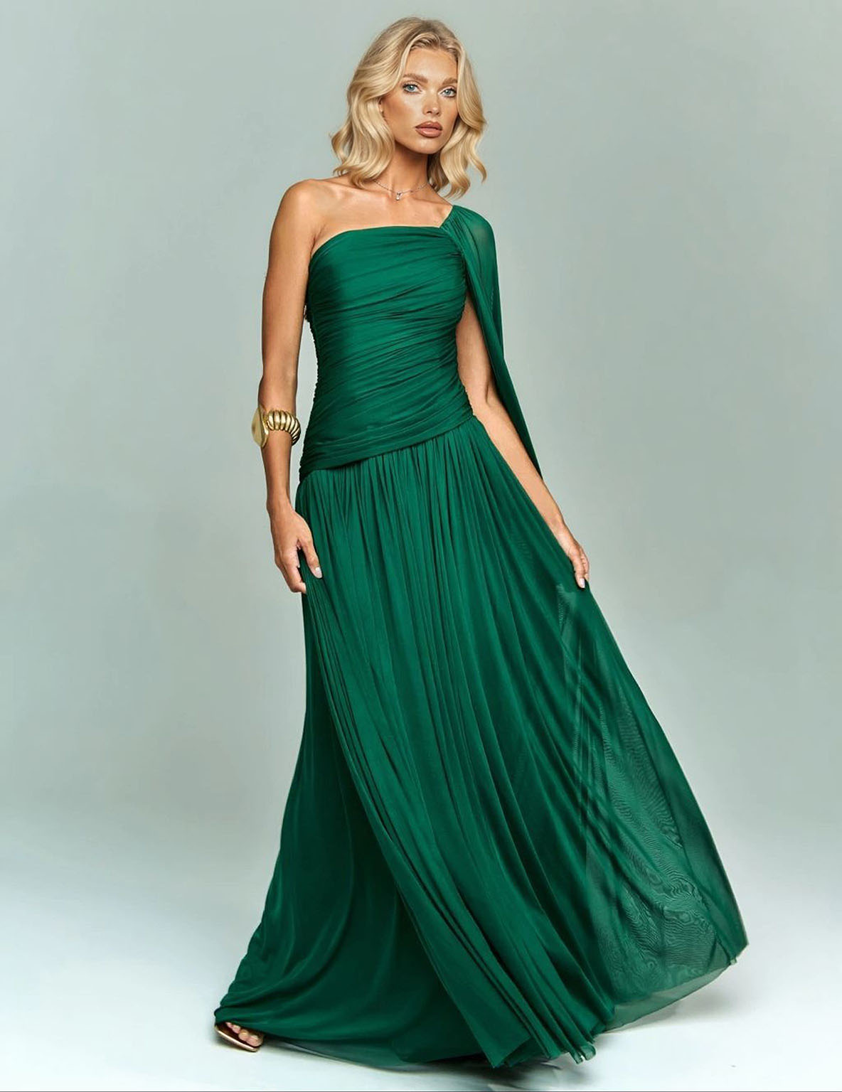Elegant One-Shoulder Ruched Chiffon Maxi Dress