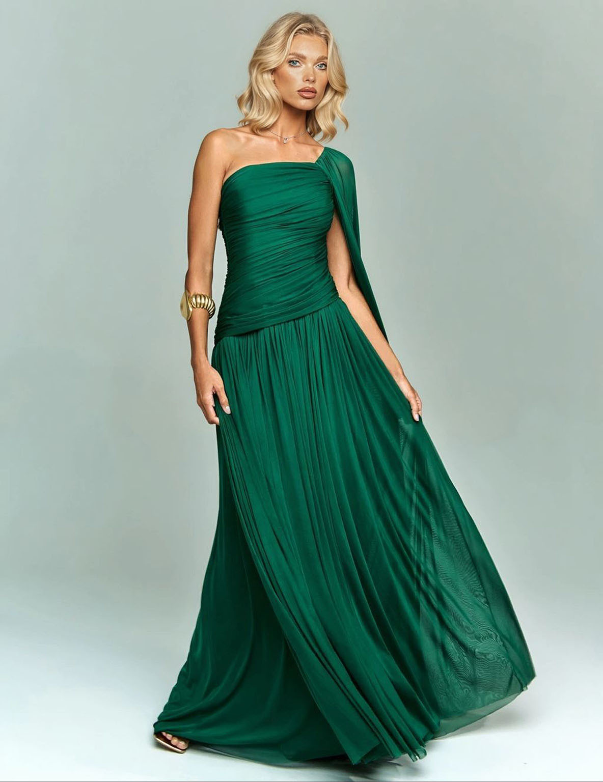 Elegant One-Shoulder Ruched Chiffon Maxi Dress
