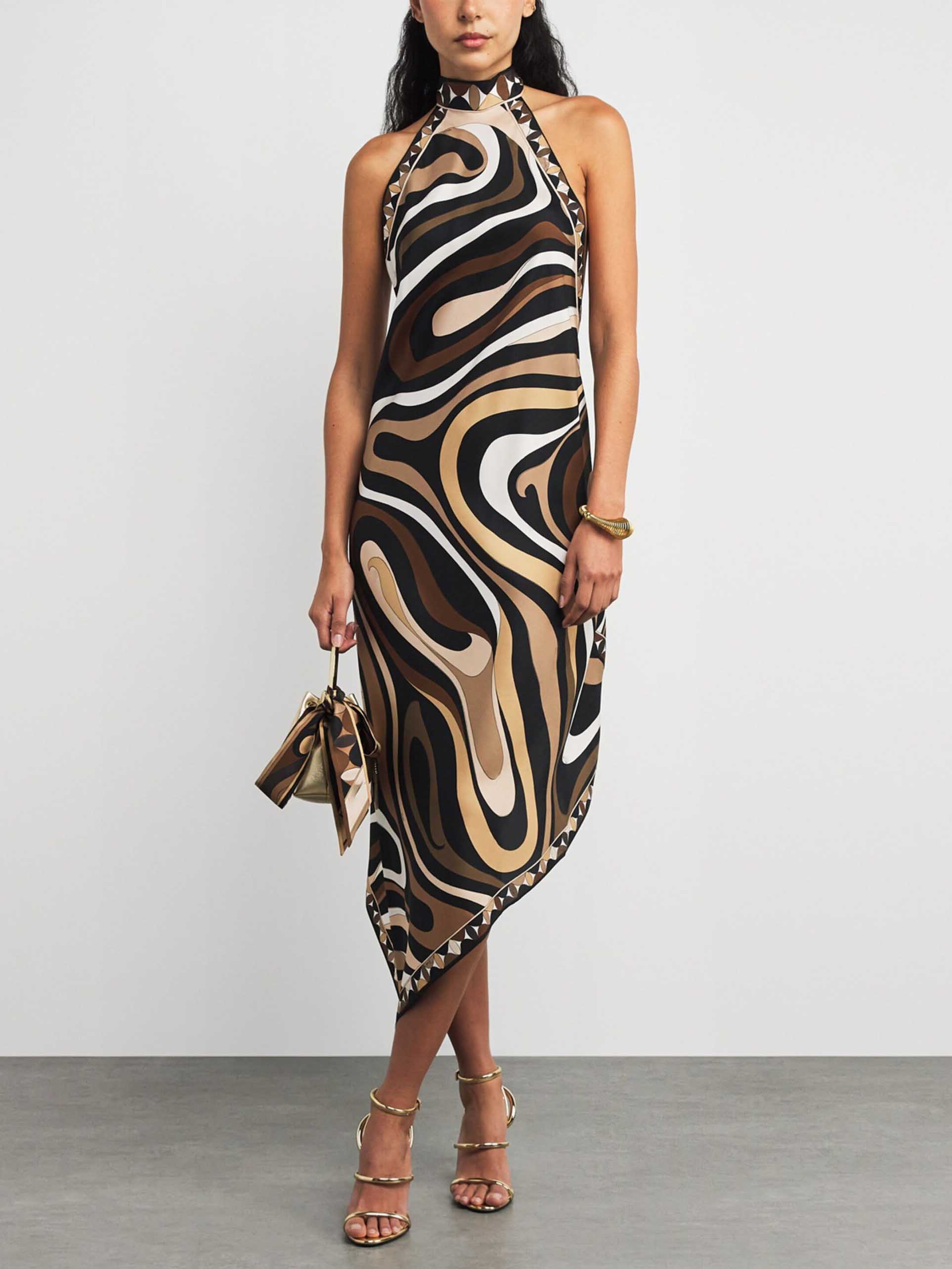 Exquisite Satin Irregular Print Halterneck Midi Dress