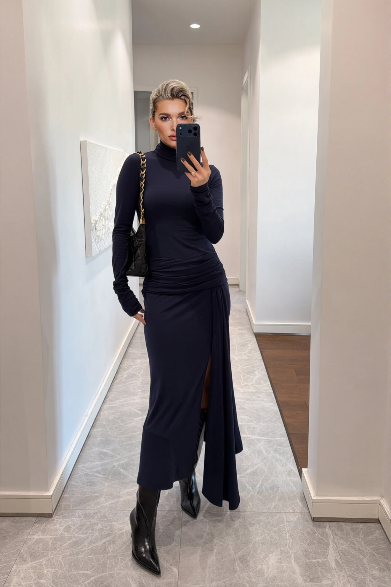 Elegant Navy Ruched Waist Slit Maxi Dress