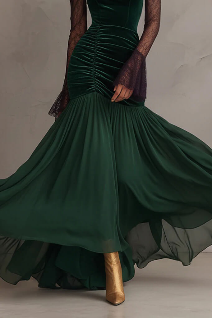 Elegant Emerald Velvet Chiffon Lace Sleeves Maxi Dress