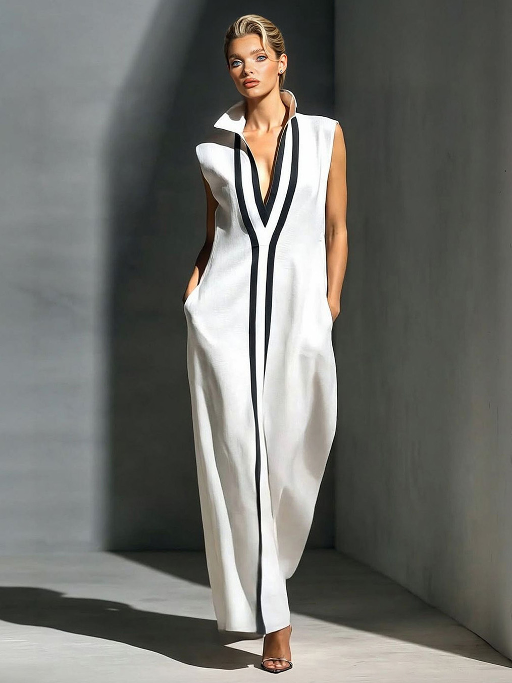 Elegant Sleeveless Deep V-Neck Contrast-Trim Maxi Dress