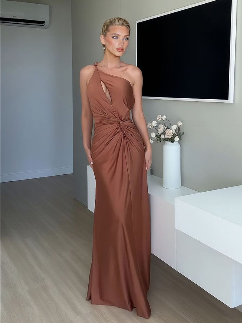 Sexy One-Shoulder Ruched Keyhole Maxi Dress