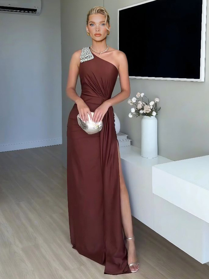 Elegant One-Shoulder Embellished Maxi Dress