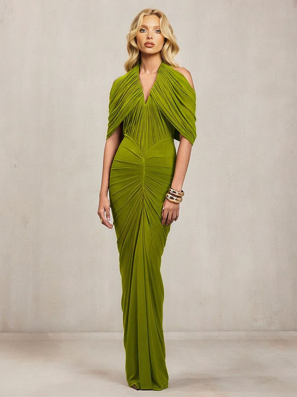 Ruched Draped Cape Sleeve Maxi Dress
