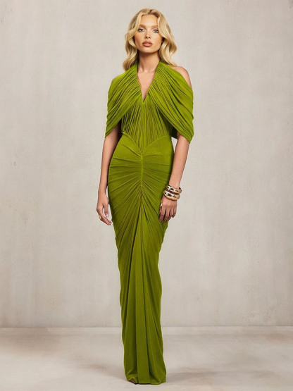 Ruched Draped Cape Sleeve Maxi Dress